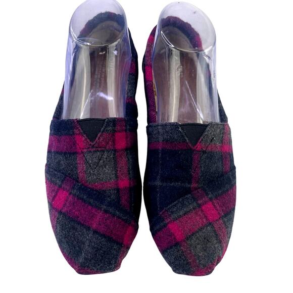 Tom’s Women Wool Blend Flats Moccasins Fuchsia Grey Plaid Flannel Slip On S 7.5 - Picture 3 of 12